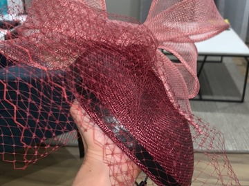 For Rent: Monroe burgundy pillbox hat with dust pink bow and veil